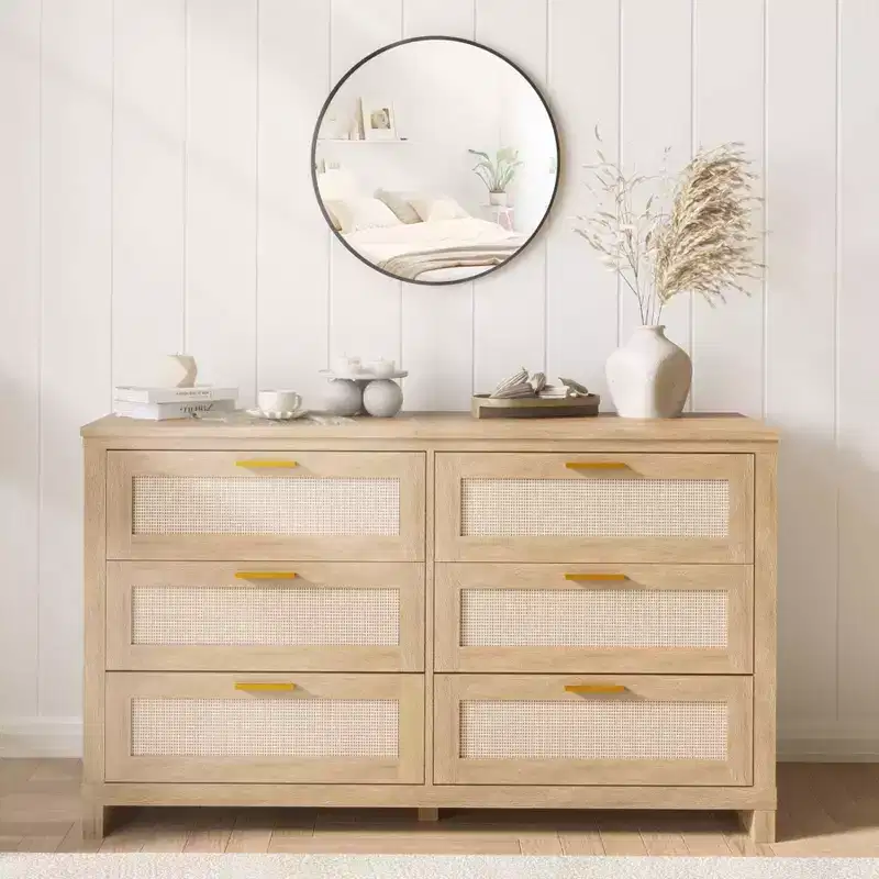 Natural Wood Tone Rattan-Front 8-Drawer Dresser