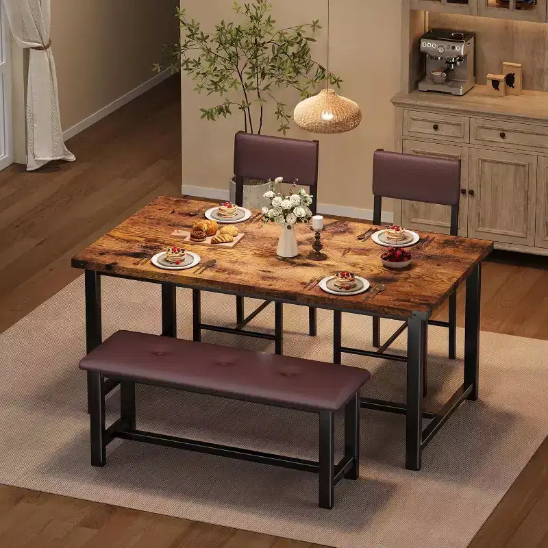 Wooden Dining Table Set for 4 with Bench and 2 Upholstered Chairs, Ideal for Small Spaces, Apartments, and Homes, Easy Assembly