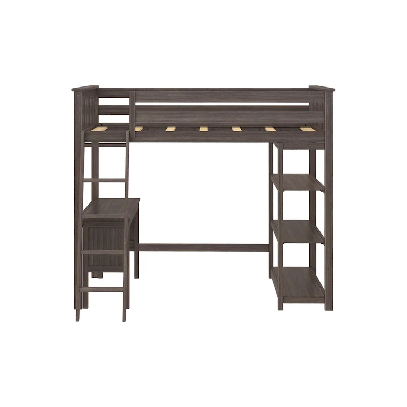 Full-Size High Loft Bed With Bookcase and Desk