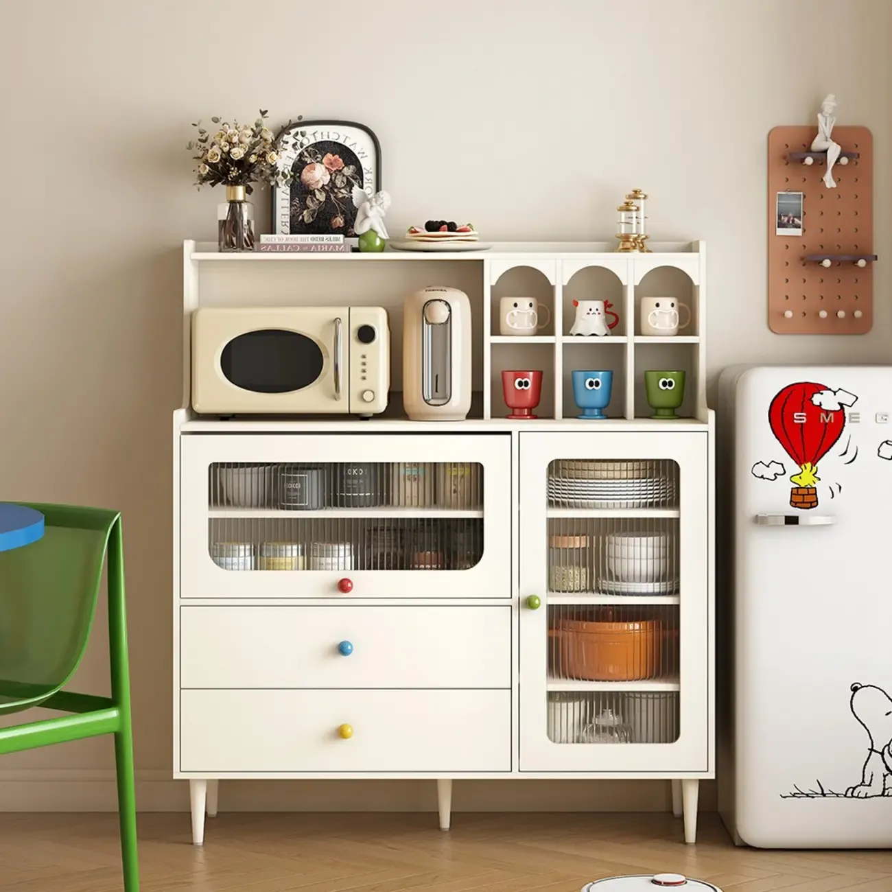 White Wooden 2-Drawer Glass Door Buffet Cabinet with Cubbies