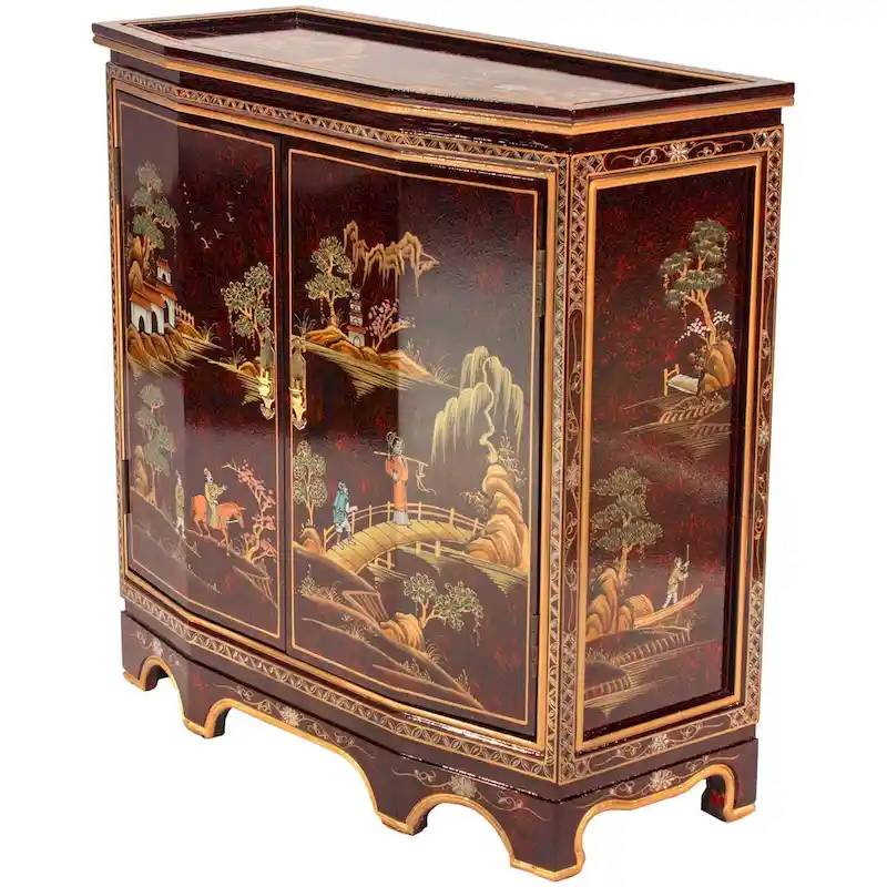 Red Lacquer Slant Sideboard, Hand-Painted Landscape, 2 Doors