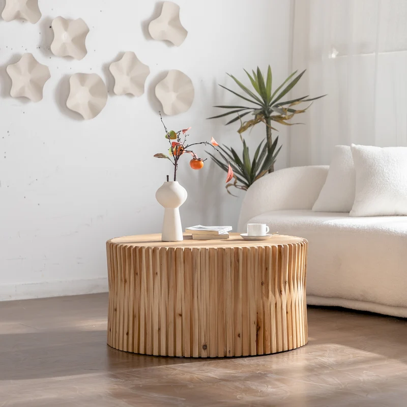 Retro Fashion Style Cylindrical Coffee Table with Vertical Texture Relief Design