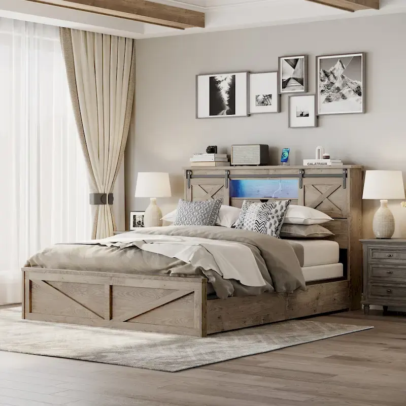 Grey Farmhouse Queen Size Platform Bed with LED Headboard, Charging Station & Storage Drawers – 2-Seater