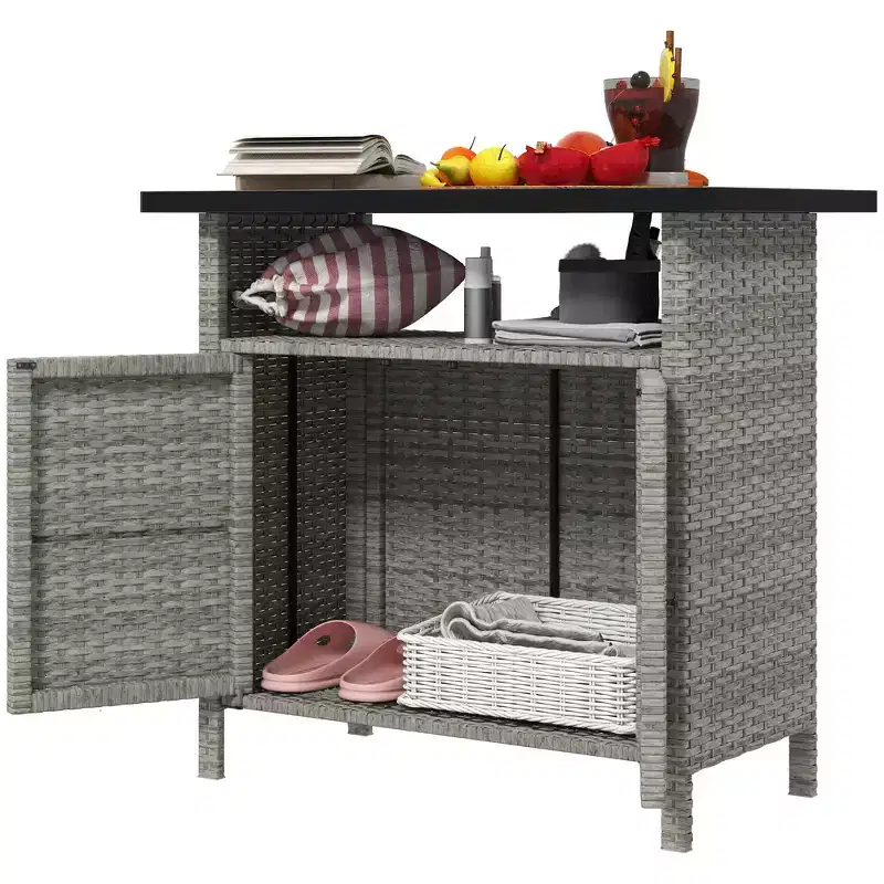Wicker Outdoor Storage Cabinet with Two Doors and Shelf for Outdoor Pool Towel Storage