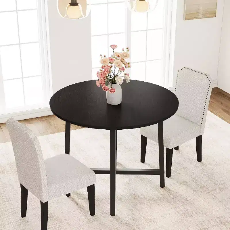 31.5in Round Kitchen Table For Small Spaces, Modern Farmhouse Dining Table With Steel Frame And Water Resistant Wood Top For Apartment Studio
