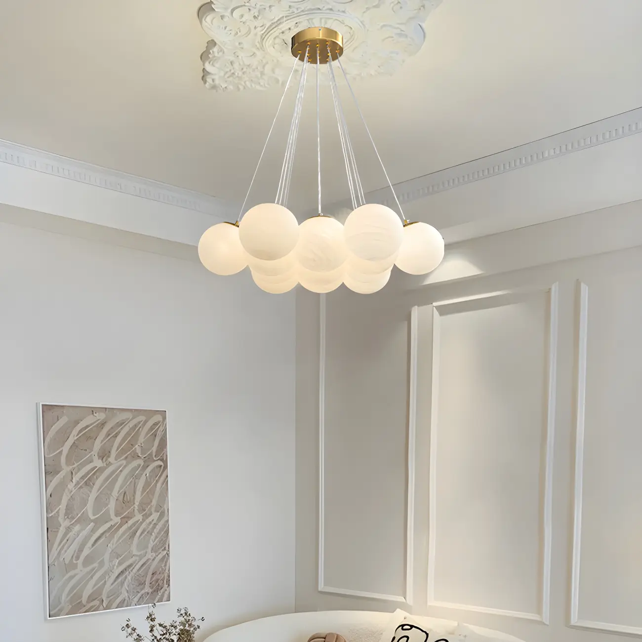Adjustable White Glass Cluster Sphere Chandelier Modern Elegant