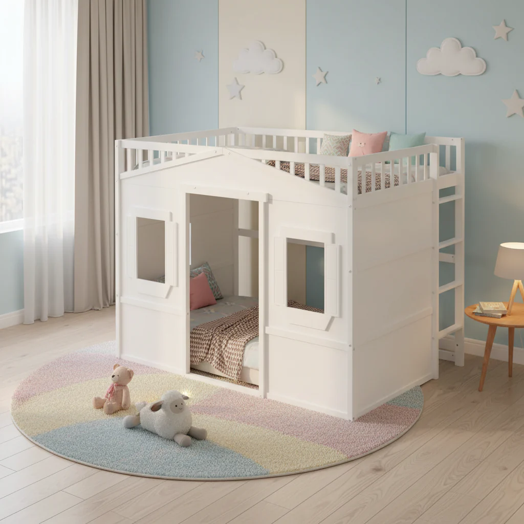 White Castle Style Full Size Solid Pine Wood Loft Bed with Ladder and Guard Rails