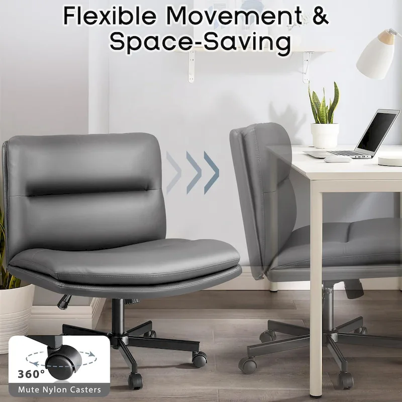 Cross Chair with Wheels,PU Leather Armless Cross Legged Office chair, Adjustable Wide Seat Task Vanity Chair