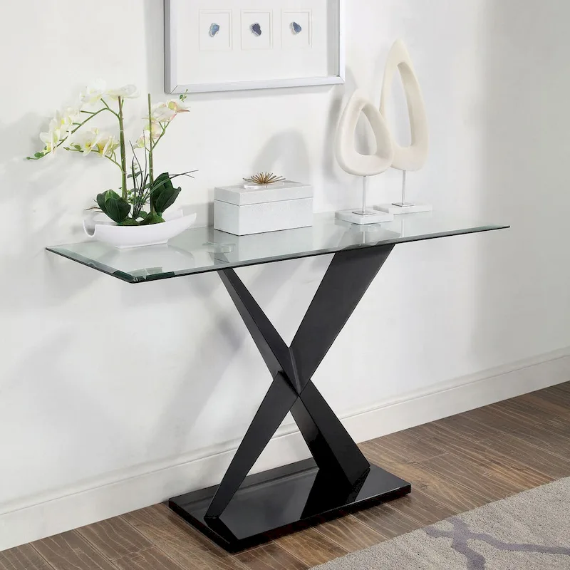 Black X-Base Glass Top Sofa Table