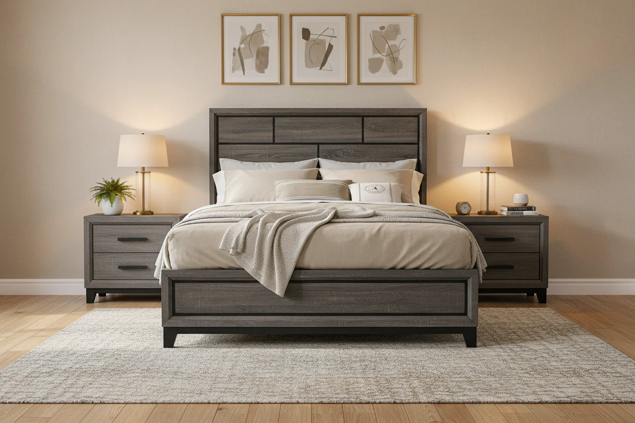 Queen Bed with Brick Style Headboard, Black Tapered Legs - Oak Gray Wood