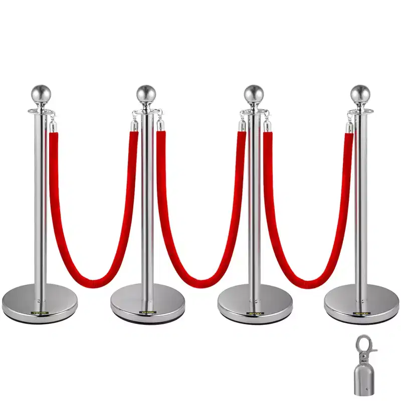 VEVOR Crowd Control Stanchion, Set of 4 Pieces Silver Stanchion Set, Stanchion Set with 5 ft/1.5 m Red Velvet Rope, Crowd Control Barrier, Silver