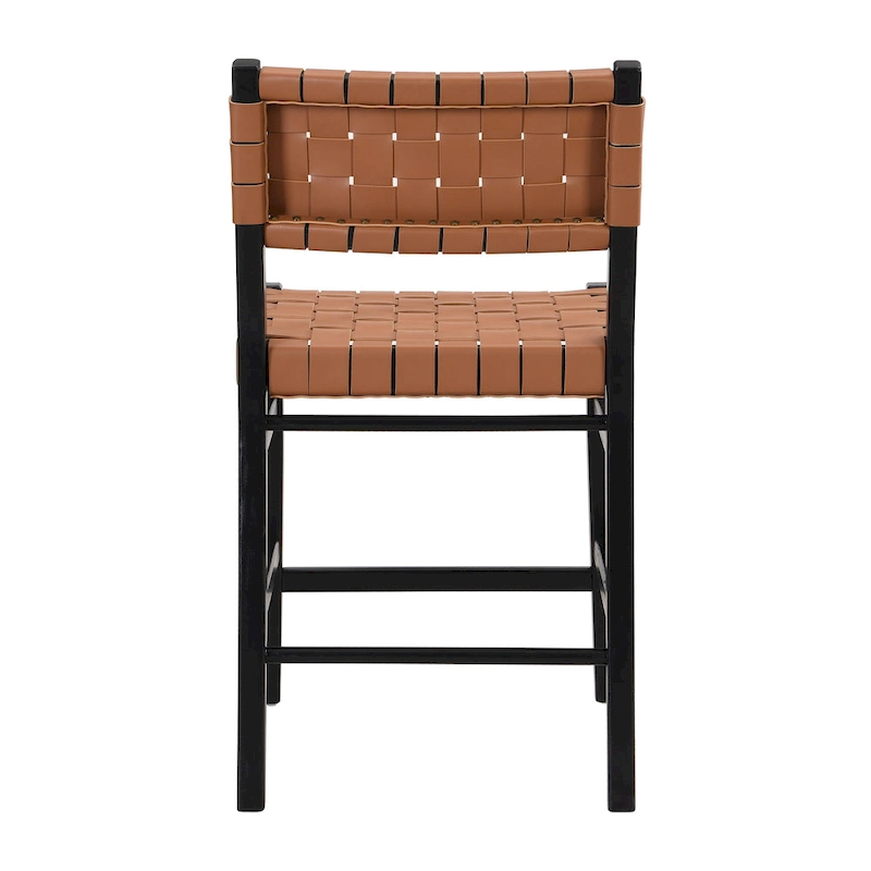 Roomfitters PU Leather Counter Stools, Set of 2 Bar Height Chairs with Woven Back and Rubberwood Frame, Black Brown