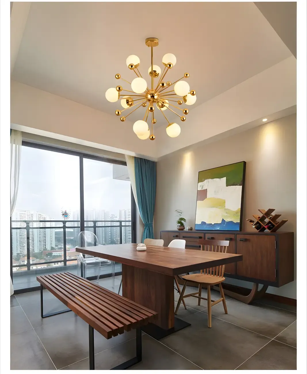 Modern 12-Light White Glass Gold Downrods Sputnik Chandelier