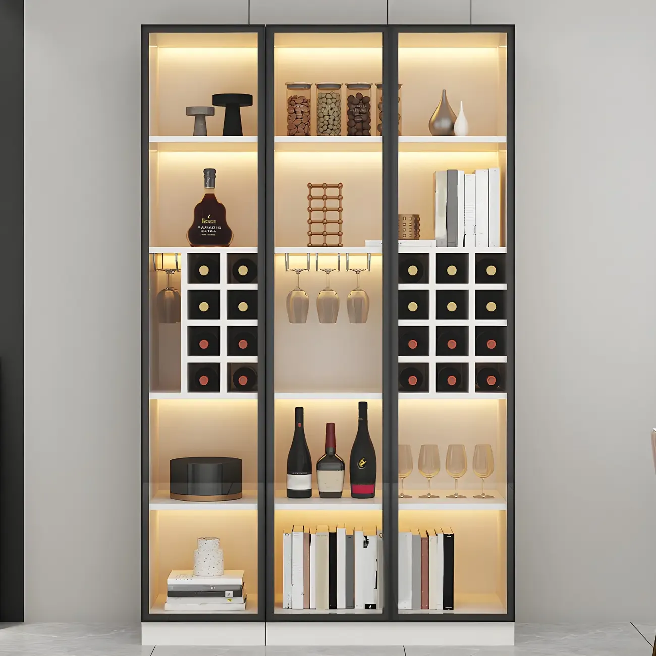 Lighting Modern Freestanding Black Wooden Wine Cabinet