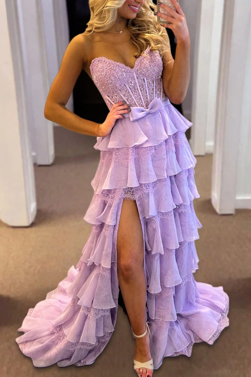 Lavender - Strapless A Line Chiffon Tiered Prom Dresses With Bow
