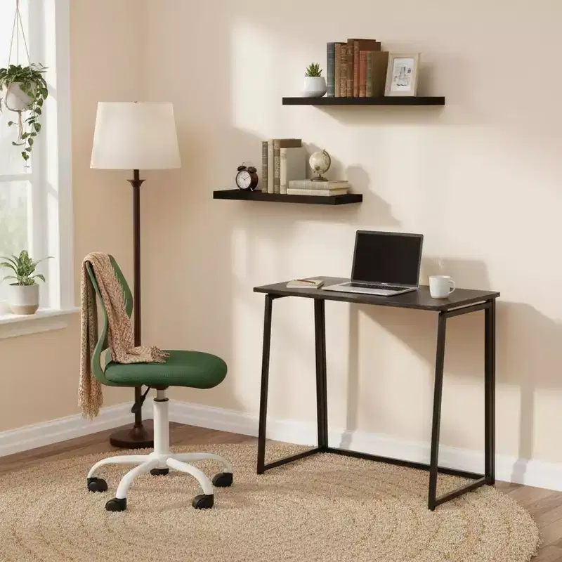 FurnitureR 3-Piece Folding Desk Set with Adjustable Swivel Chair and 2 Floating Wall Shelves, Space-Saving Study & Workstation Combo, Modern Design