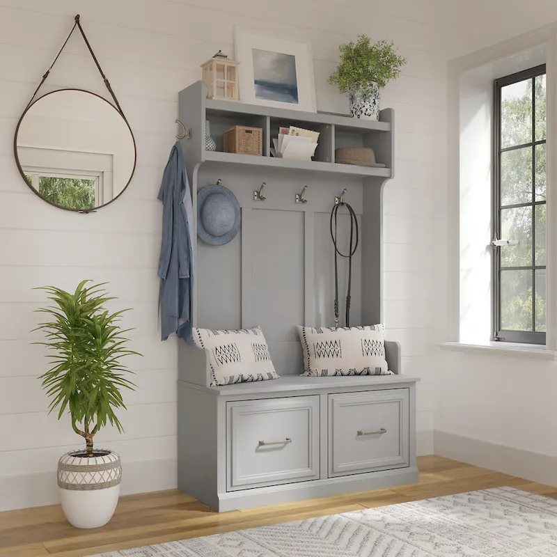 White Ash / Ash Brown / Gray / Black / Maple, Transitional Style, Hall Tree & Shoe Bench with Doors, 1-Person