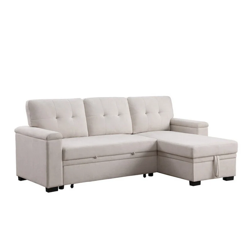 Lusy 85 Inch Reversible Sleeper Sectional Sofa with Storage Chaise, Beige