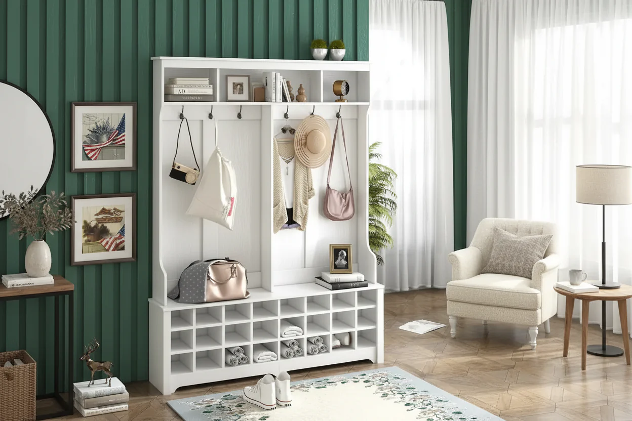 Multi-Function Hall Tree with Hooks, Shelves & 24 Shoe Cubbies, Entryway Storage