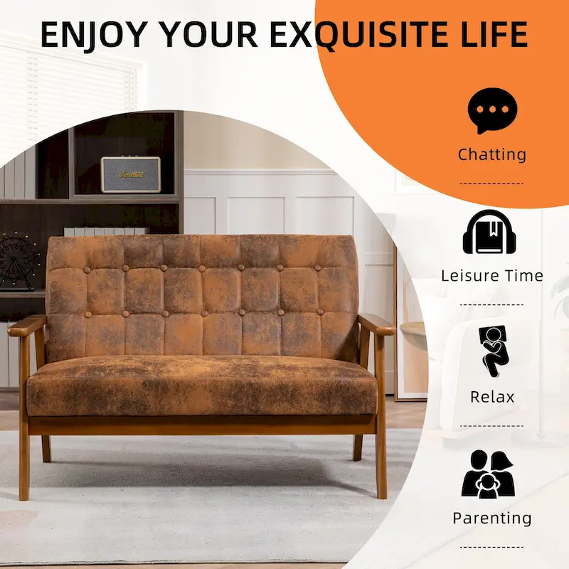 HOMEFUN Mid-Century Linen/PU Upholstered Wood Frame Tufted Loveseat Sofa