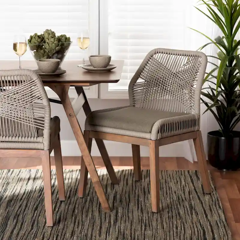 Transitional Woven Rope Mahogany Dining Side Chair with Removable Cushion – Grey
