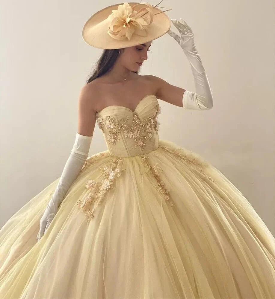 Yellow Ball-Gown Tulle Sweetheart Quinceanera Dresses with Appliques