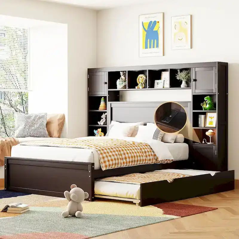 Modern Wooden Bed with Cabinet, Shelf, and Sockets