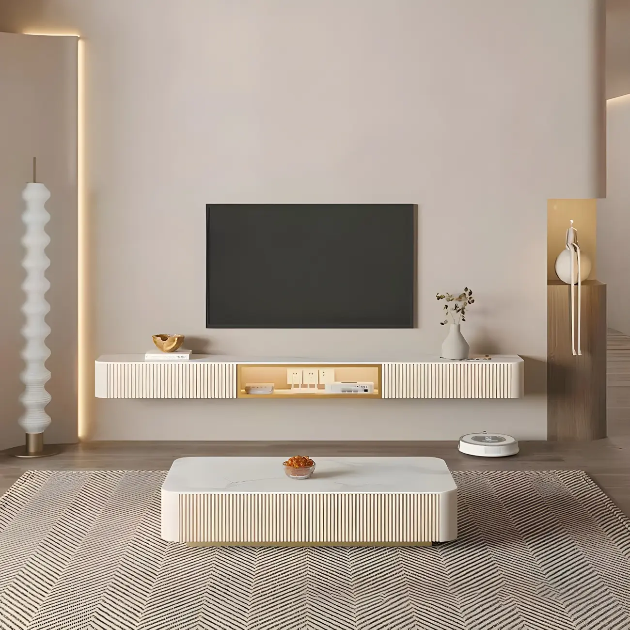 71 Beige Stone Floating TV Stand with Cable Management