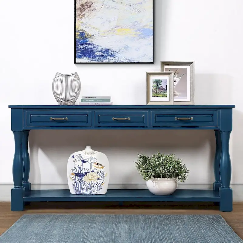 Solid Wood Console Table - Antique White/Blue/Navy/Espresso/Brown, Mid-Century Style, Multi-User