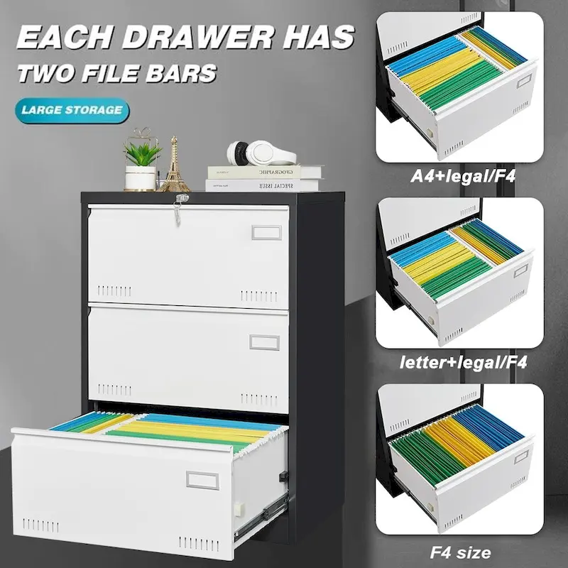 3-Drawer Metal Lateral File Cabinet, Black / Black White / White, Locking, 1-Person Use