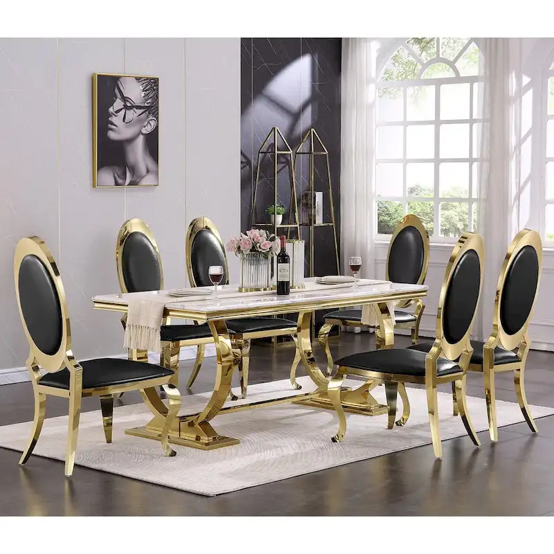 Luxury Black PU Leather Dining Chairs with Polished Gold Cabriole Legs
