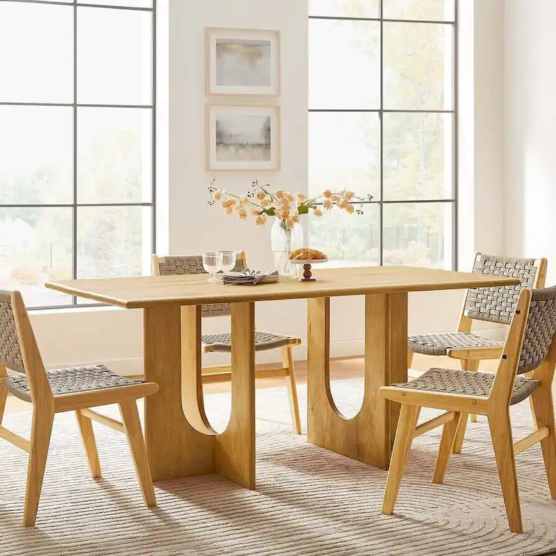 Oak / Walnut Solid Mango Wood Rectangular Dining Table with Double Pedestal Arched Base – Seats 6 to 8