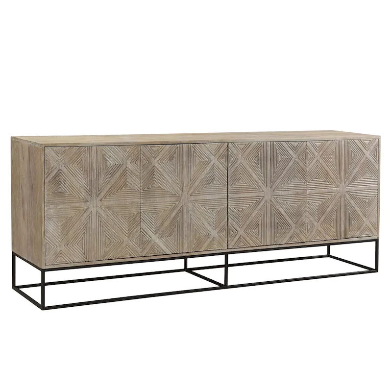 Zion 84 Mango Wood Carved 4-Door Sideboard with Iron Base