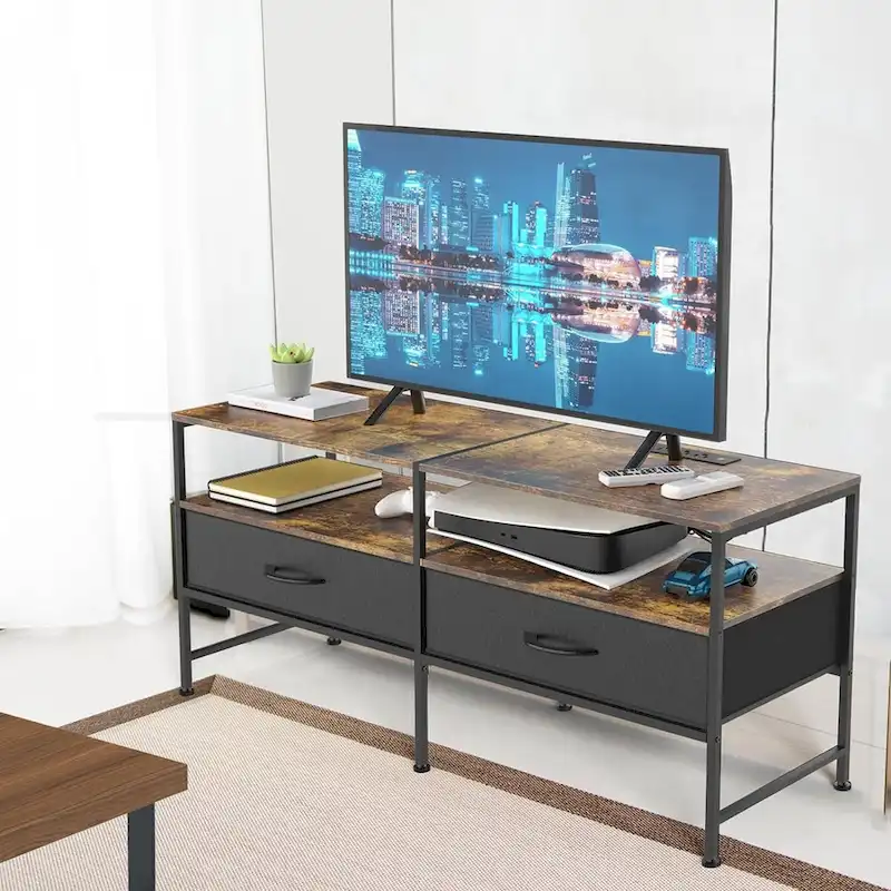 Grey / Black / Brown TV Stand with Open Shelves & Cloth Drawers, Fits up to 50