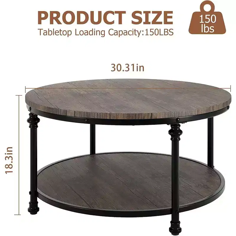 Acekool Round Coffee Table with 2-Tier Storage Shelf, Wooden Top & Roman Column Metal Legs  Rustic Industrial Accent Table, 30.5 & 34.5