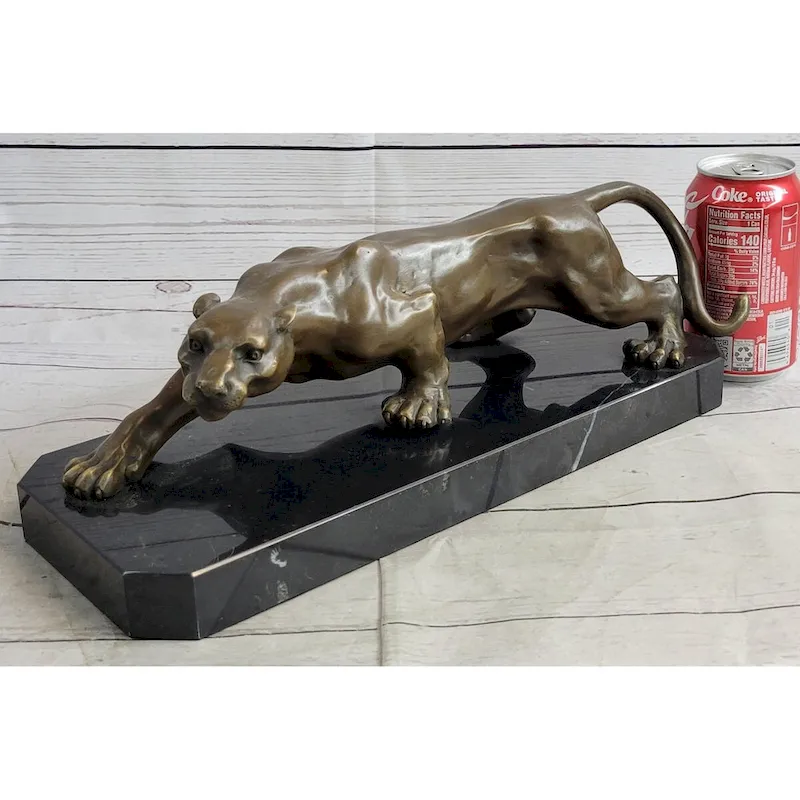 Cougar Puma Panther Mountain Lion Bronze Sculpture Statue On Marble Base
