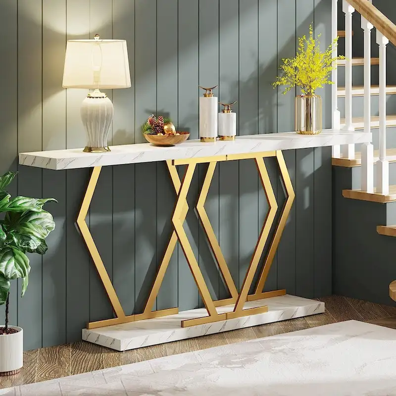 White Faux Marble Console Table 70.9
