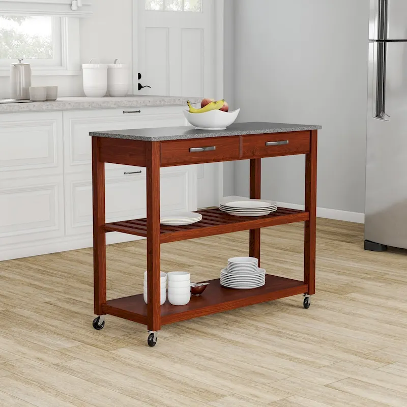 Cherry Wood Kitchen Cart with Granite Countertop, 2 Drawers, Slatted Shelf & Casters – Traditional Style
