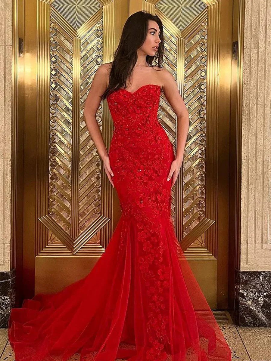 Mermaid Sweetheart Red Lace Long Prom Dresses