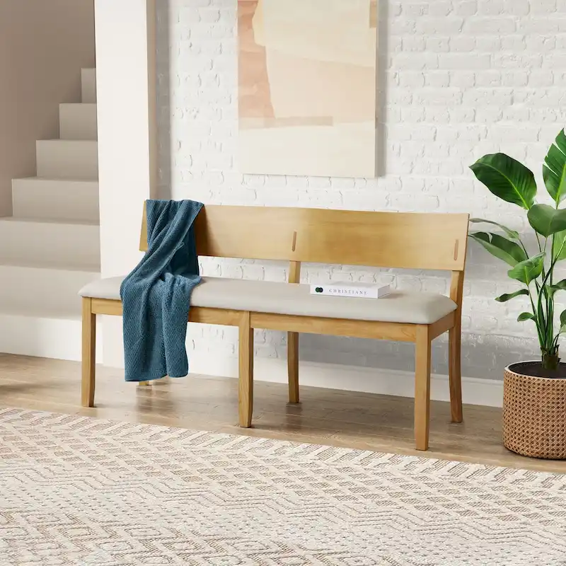 Natural / Black Upholstered Wood Dining Bench, Seats 2