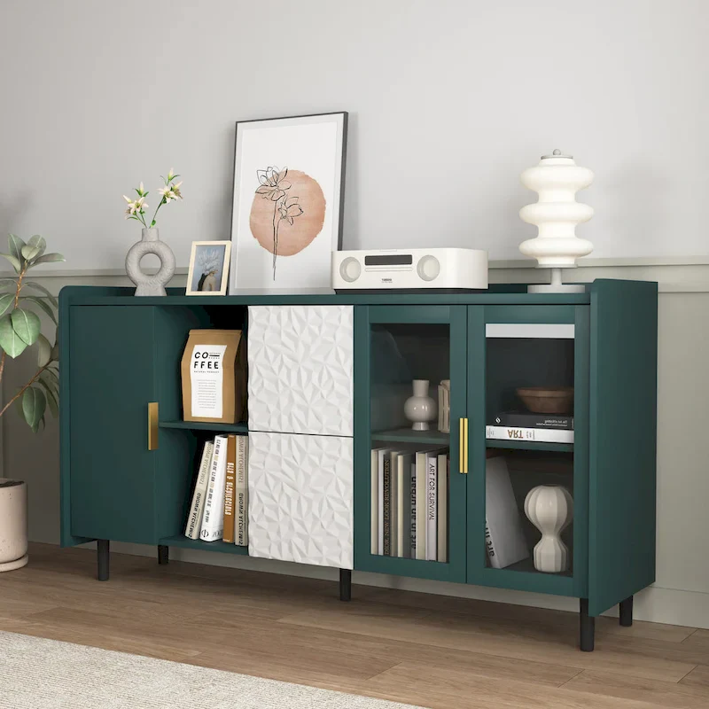 Blue / Green Modern Sideboard Cabinet with 2 Glass Doors, 2 Drawers & 2 Open Compartments