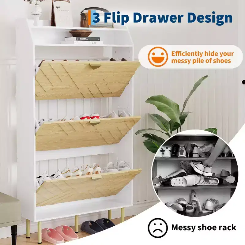 Shoe Cabinet, Entryway Cabinet  57H 3-Flip Drawer Slim White & Wood Hidden Storage Organizer for Hallway