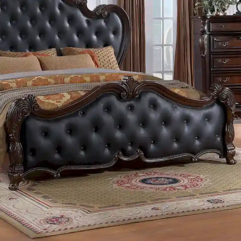 Furniture of America Eugene Traditional Solid Wood Panel Bed with Tufted Leatherette Headboard