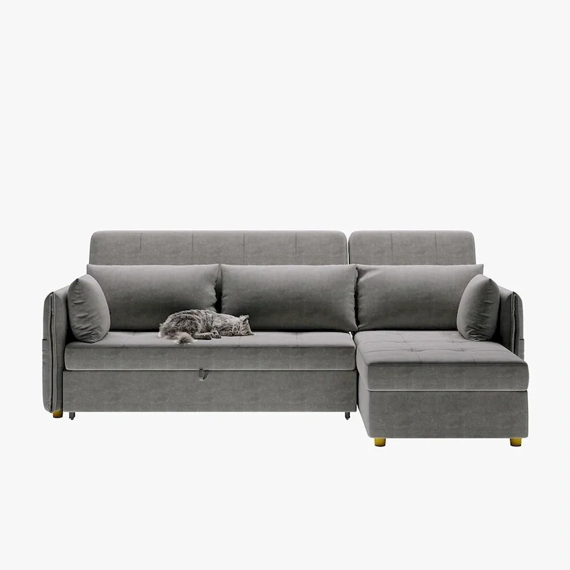 L-Shape Sofa Bed with Scratch-Resistant Fabric and Solid Wood Frame
