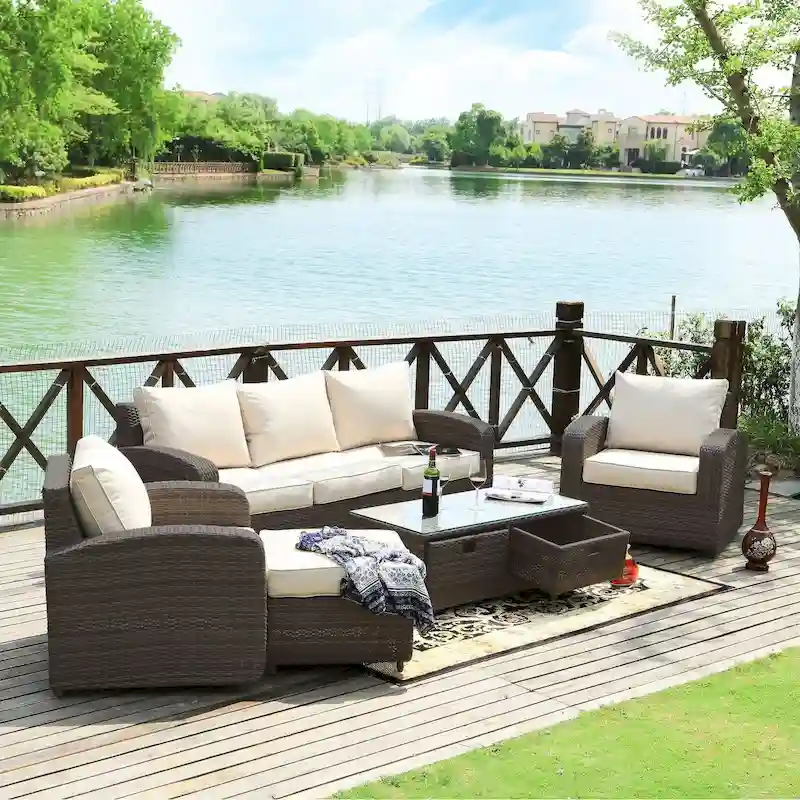 5-Pieces Classical Handwoven Rattan Sofa Set with Storage Table