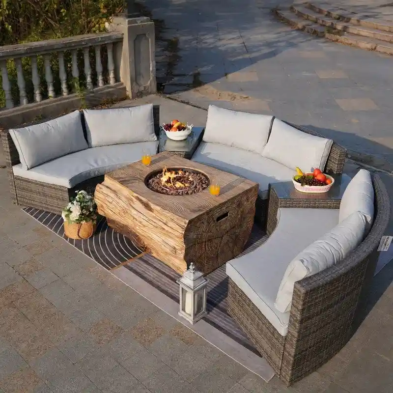 9-piece Halfmoon Patio Sectional Sofa Set with Fire Pit Table