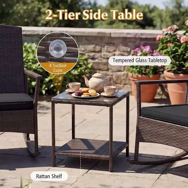 Costway 3 Piece Patio Rocking Set Wicker Rocking Chairs with 2-Tier Coffee Table Turquoise/Off White/Black