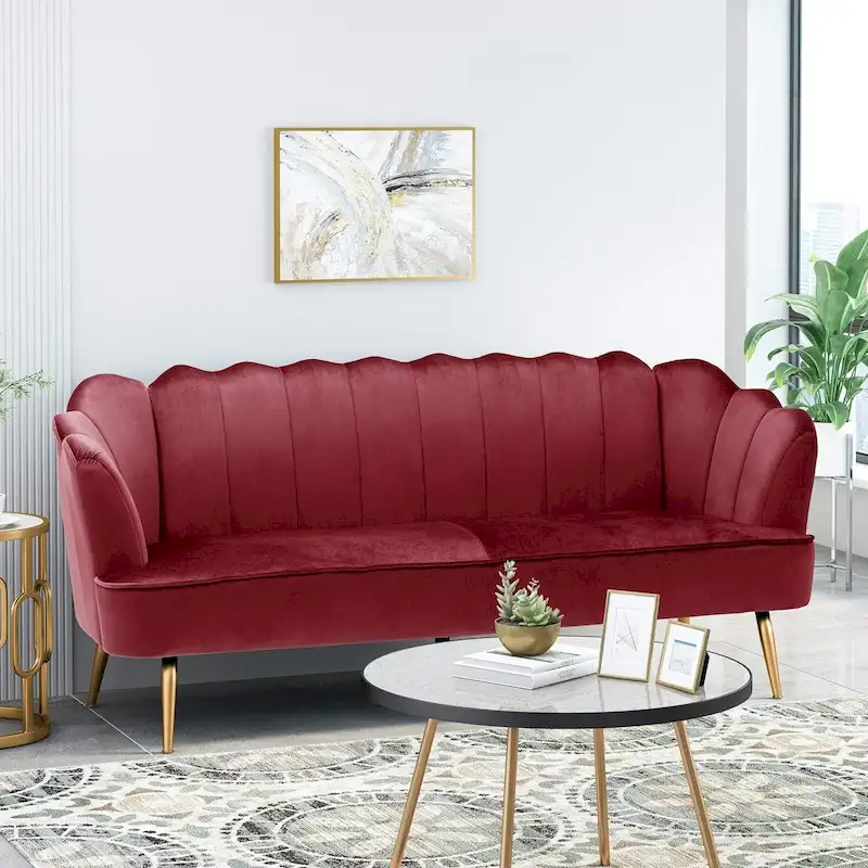 Velvet Channel Stitched 3-Seater Sofa with Gold Metal Legs
