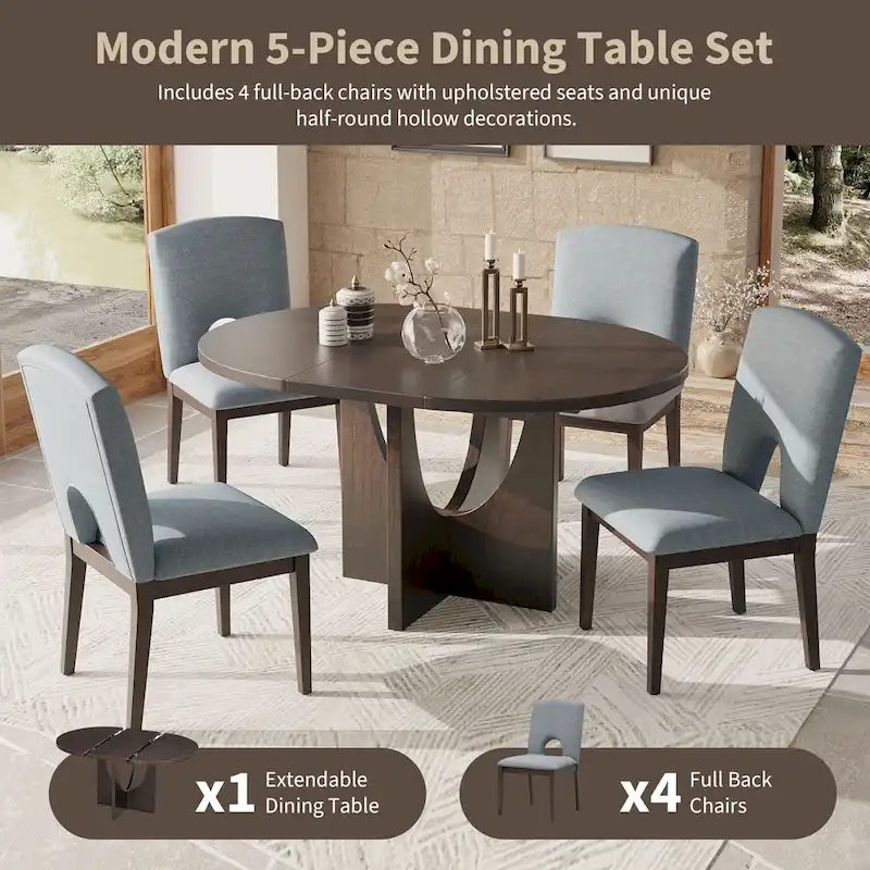 Modern Style 5-Piece Extendable Round Dining Table Set with Removable Leaf and Upholstered Dining Chairs