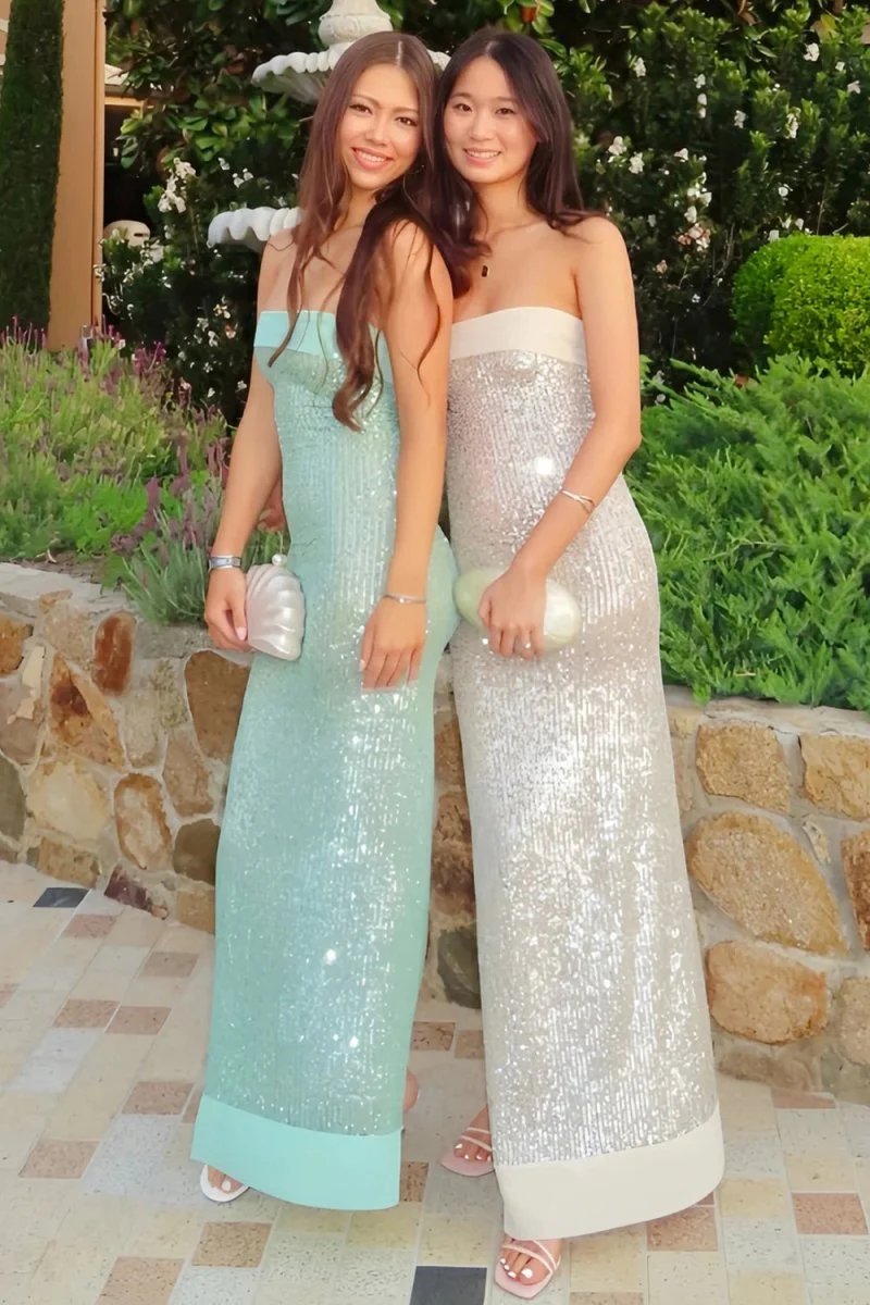 Sage Sheath Strapless Sequined Long Prom Dresses